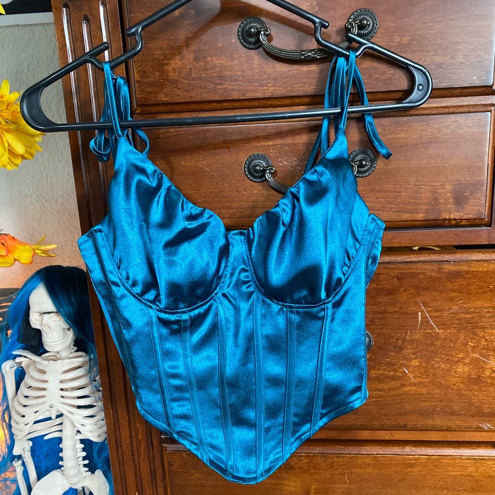 XS teal satin corset top